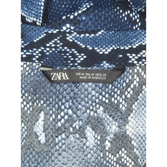 ZARA Chiffon Tunic Blouse Womens MED Blue Snake Print Scarf Tie Viscose Top Edgy - Picture 6 of 7
